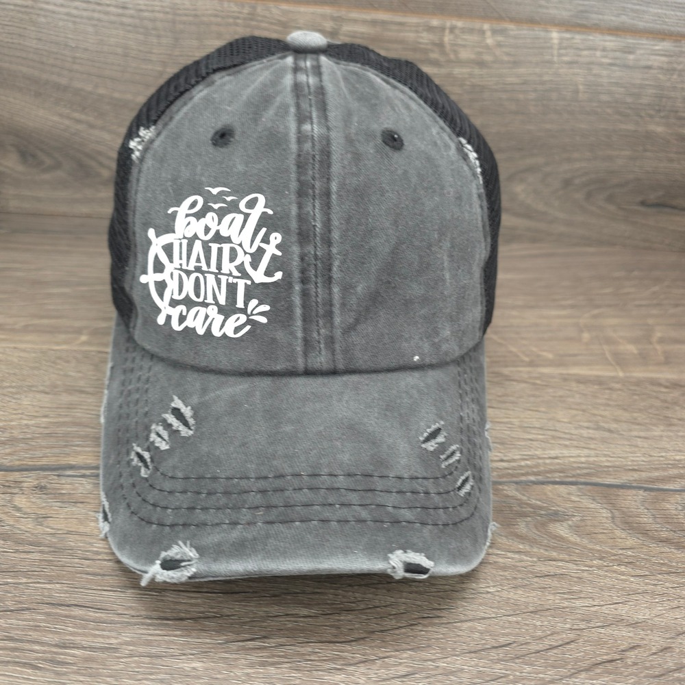 BB Hat Cap Womens Grey Boat Hair Dont Care Ponytail Mesh Back Distressed Summer
